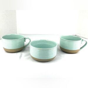 Set of 3 Ceramic Bowl and Large Soup Mugs Blue and Tan